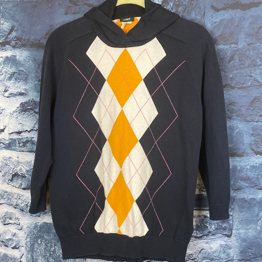 J Crew Preppy Argyle Hoodie Pullover Sweater